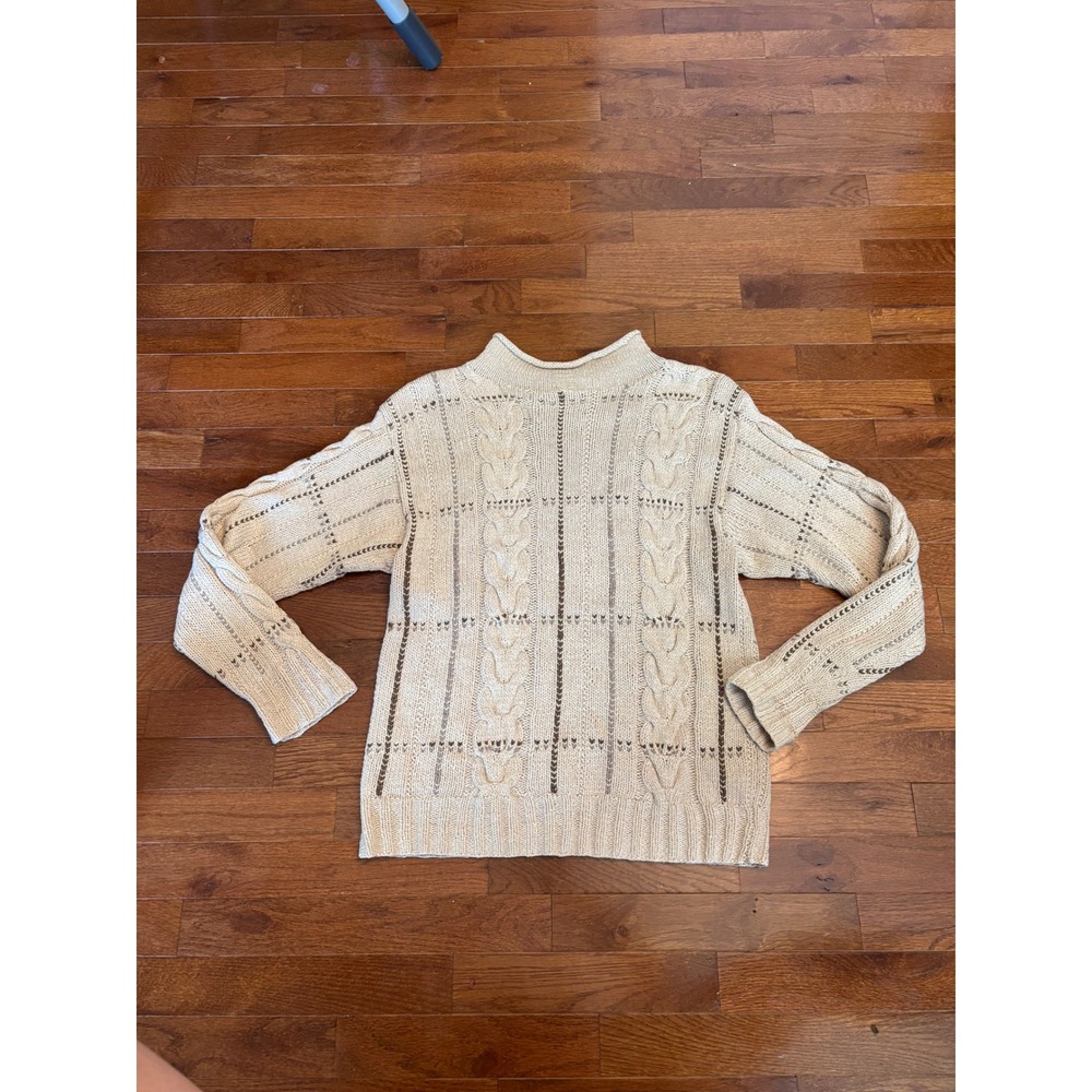 Ralph Lauren Silk Linen Hand Knit Cable Sweater Cream Brown Mock Neck Vintage M - Picture 5 of 6